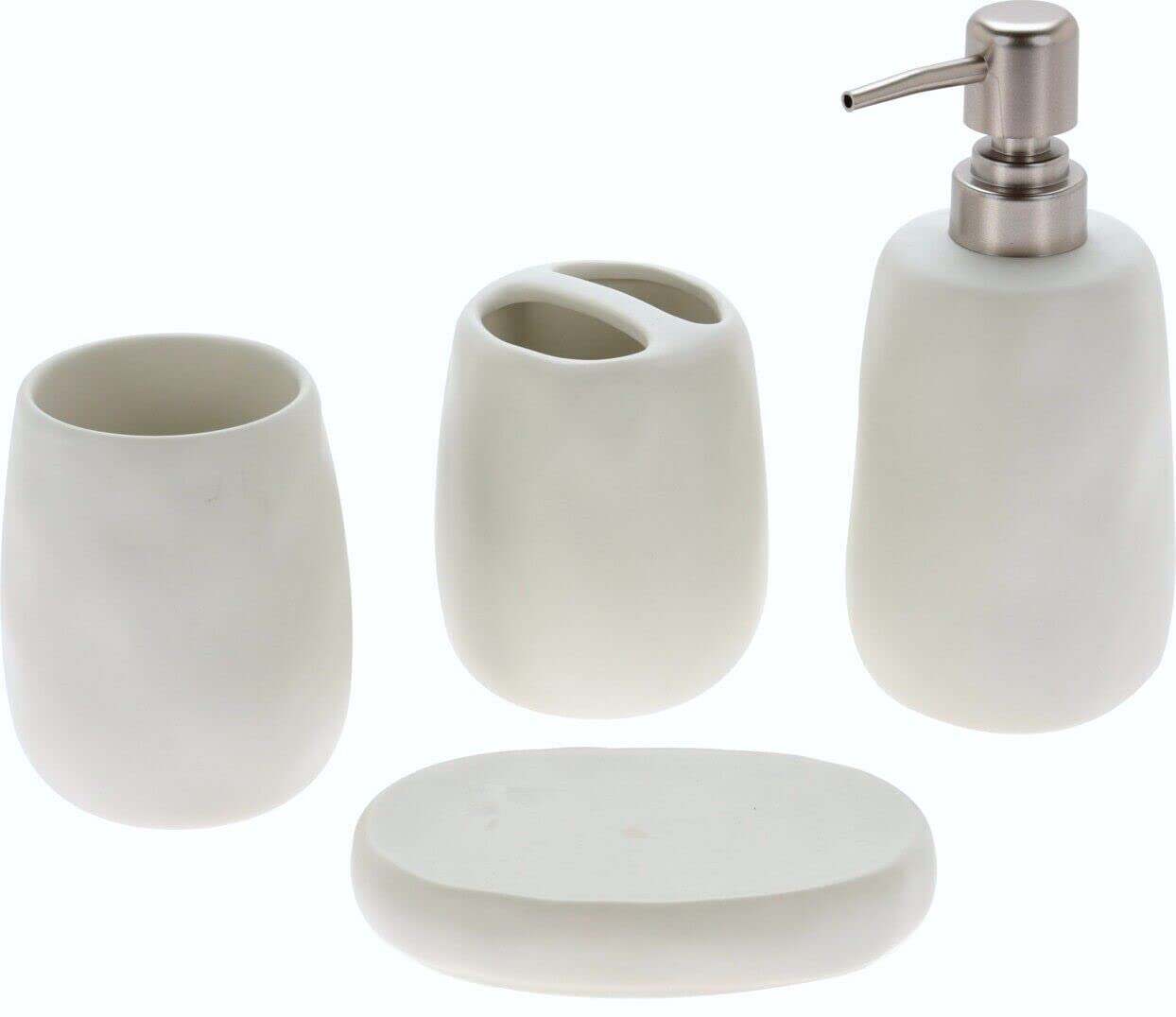 Stoneware Bathroom Set White - Soap Dispenser, Tooth Brush Holder, Cup & Soap Tray