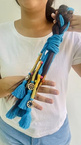 Image of Zippy Flora Neelima Parandi (Firozi) | Traditional Boho Handmade Paranda Hair Accessory with Braid Tassels | Women's Ethnic Hair Extension for Choti, Braids & Patiala Shahi Hairstyles