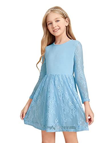 WDIRARA Girl's Floral Lace Panel Long Mesh Sleeve Round Neck Keyhole Back Formal Flared A Line Short Dress