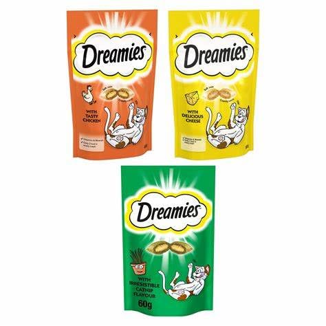 Dreamies Treats Pack of 3 with Chicken Cheese & Catnip Flavours, 60 g (Pack of 3)