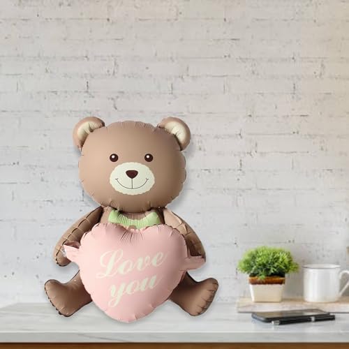 Image of Rozi Decoration Love You Teddy Bear Foil Balloon Set | 1 Pcs Brown with Love Heart | Valentines Day, Anniversary, Birthday, Baby Shower, Proposal | Unisex-Adults, Kids