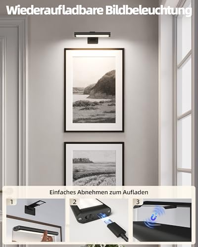 EZVALO Bildbeleuchtung Kabellos, Wandleuchte Innen LED, Fernbedienung, Dart Beleuchtung, 3 Farbtemperaturen, integrierter 2400mAh Akku, Magnetische Bilderleuchte für Gemälde, Foto (Schwarz, 2 Stück)