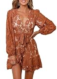 FARYSAYS Womens Lace Wrap Mini Dresses Fall Boho V Neck Long Sleeve Flowy Ruffle A-Line Short Dress