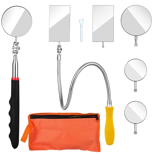 Telescoping Inspection Mirror, Flexible Retractable Automotive Extension Round Mirror 360 Rotation&Bendable Square Mirror, Extendable Mirror on a Stick with 4 Replaceable Mirror & 1 Storage Bag by Jebousike - Used condition - US$13.65