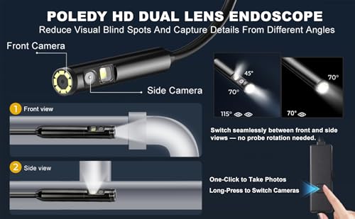 Cámara Endoscópica de Doble Lente con Luz, POLEDY 1920P HD Borescopio, 8 Luces LED Ajustables, Resistente al Agua IP67, Cámara de Serpiente de 5m, Cable Semirrígido para Inspección Compatible con Android e iOS miniatura 2