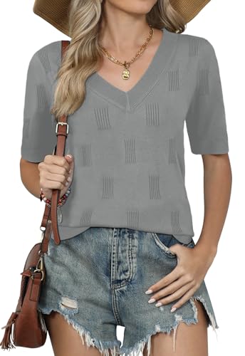 Image of Yincro Womens Short Sleeve Sweaters Fall Summer Tops V Neck Lightweight Knit Pullovers