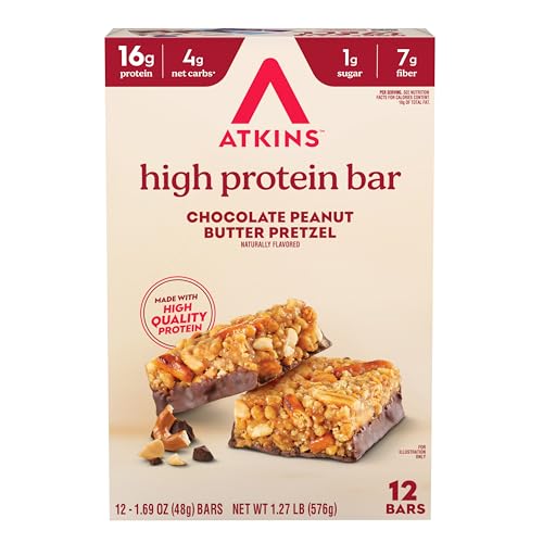 Image of Atkins Chocolate Peanut Butter Pretzel High Protein Bar, High Fiber, 16g Protein, 1g Sugar, 4g Net Carbs, Keto Friendly, 12 Count