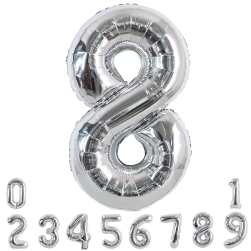 Image of TONIFUL 40 Inch Silver Number 8 Balloon Large Foil 8th Birthday Decorations | Silver 8 Balloon Number Eight for 8th 18th 80th Birthday 8 Year Anniversary, Silver Birthday Decor for Men Women Boys Girls