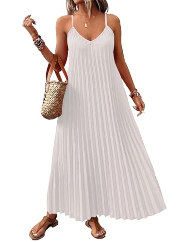 Image of Women's Summer Casual V Neck Sleeveless Strappy Pleated Flowy Loose Maxi Long Beach Dress