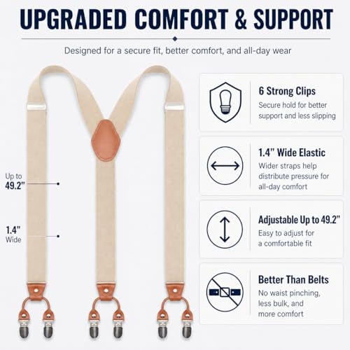 Image of Men's Heavy Duty Y-Back Suspenders, 6 Strong Metal Clips Adjustable Elastic Straps for Work, Tuxedos, and Daily Wear