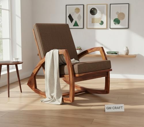 Image of Solid Sheesham Wood Rocking Chair for Living Room - Upholstered Relaxing Chair - Wooden Rocking Chair for Adults for Home Outdoor Indoor (Honey, Zayn)