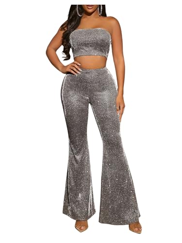 OYOANGLE Womens Going Out Outfits 2 Piece Glitter Sparkly Bandeau Crop Top and High Waisted Flare Pants Silver Medium