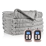 DUODUO Electric Heated Blanket Queen Size 84'x90' with Dual Controls, Reversible Cozy Silky Flannel Fabric with Ribs, Fast Heating with 10 Heating Levels 12 Hours Auto-Off for Bedding -Grey