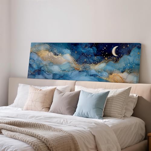 Tableau panoramique bleu et or pour une chambre parentale apaisante