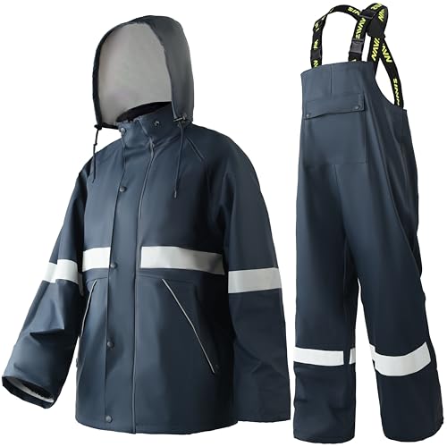 Mens Hi-Vis PRO Waterproof 3-Piece Rain Suit Reflective Jacket Hood & Bib Pants Set for Construction Work(Hi-Vis/Navy L)