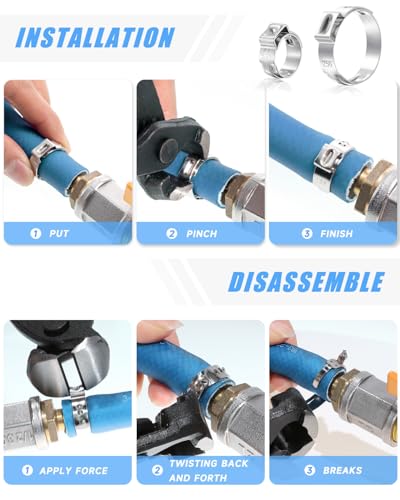170 Pcs 304 Stainless Steel Single Ear Hose Clamp with Ear Clamp Pincer, 11 Sizes 1/4-1 Inch Constant Crimp Stepless Cinch Rings Crimp Assortment Kit for Water Pipe By PEROMI
