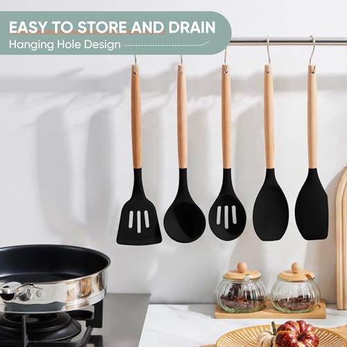 Herogo 5-Piece Cooking Utensils Set, Silicone Kitchen Utensils Set with Wooden Handle, Heat Resistant Cooking Tools Slotted Turner, Spoon, Soup Ladle, Spatula, Spoonula for Nonstick Cookware, Black — view 6