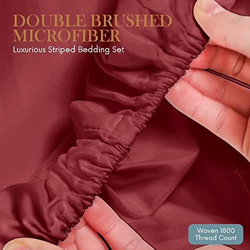 Queen Italian Prestige Collection Striped Bed Sheet Set – 1800 Luxury Soft Microfiber Hypoallergenic Deep Pocket 4-Piece Bedding Set - Wrinkle, Stain, Fade Resistant - Burgundy #TOP2