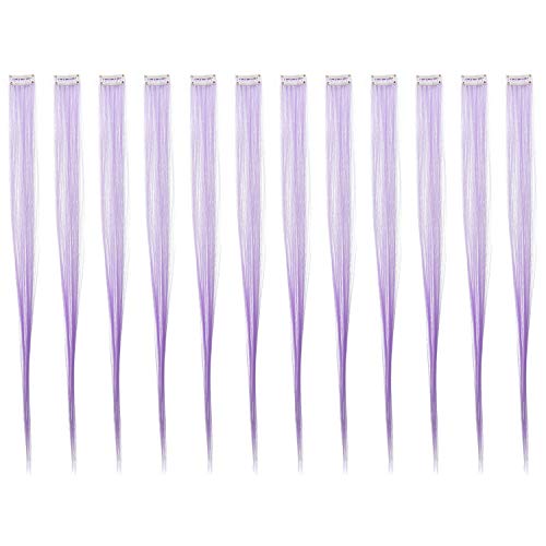 SWACC 12 Pcs Straight One Color Party Highlights Clip on in Hair Extensions Colored Hair Streak Synthetic Hairpieces (Lilac Purple)