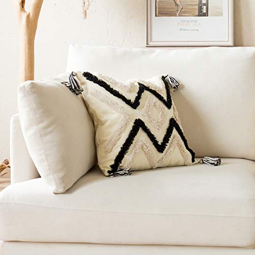 Woven Tufted Boho Throw Pillow Cover, Modern Decorative Geometric Chevron Striped Cushion With Tassels, Farmhouse Tribal Pillowcases For Couch Sofa Bedroom Living Room, 18 X 18 Inches, Black, Ivory #TOP4