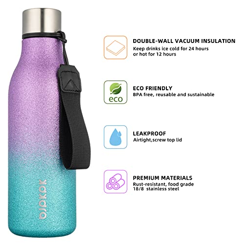 Image of BJPKPK Insulated Water Bottles, 18 oz Stainless Steel Metal Water Bottle with Strap, BPA Free Leak Proof Jugs,Mugs,Flasks, Reusable Thermal Flasks for Sports & Travel,Sparkling Purple Green