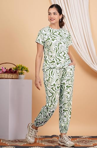 Image of Women Printed T-Shirt and Track Pant Set | Cotton Co-Ord Night Suit for Women | Lounge Wear, Sleepwear, Gym Wear | Half Sleeve Top & Elastic Waist Joggers | Stylish
