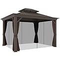 Outsunny 10' x 12' Hardtop Gazebo with Curtains and Netting, Permanent Pavilion Metal Double Roof Gazebo Canopy with Aluminum Frame and Hooks, for Garden, Patio, Backyard, Dark Brown
