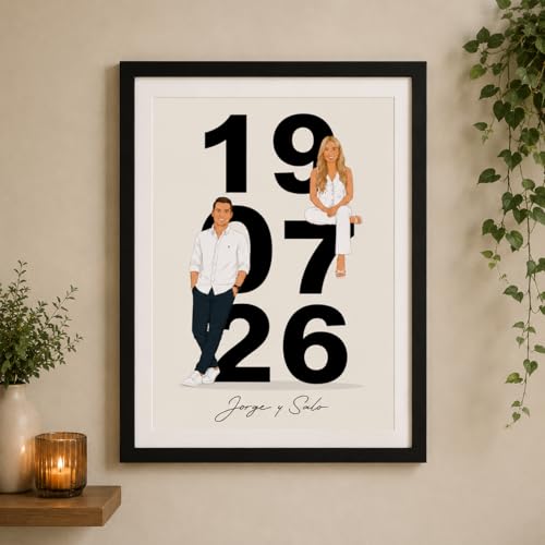 Image of Personalized Couple Date Frame Custom Anniversary Year Print with Cartoon Couple Design Romantic Gift for Boyfriend Girlfriend Husband Wife Modern Wall & Table Decor