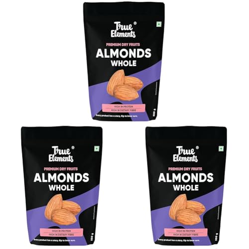 Image of True Elements Almonds 500g - Clean and Premium Almonds | Badam Dryfruits | Healthy and Diet Snacks | Dry fruits for Festive Eating (Pack of 3)