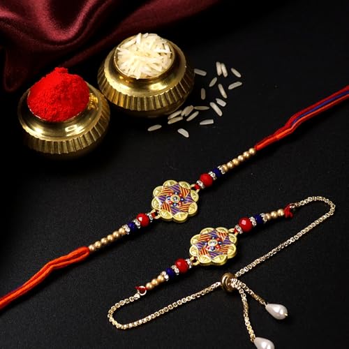 Image of Oblivion Rakhi Set for Brother and Bhabhi - Peacock with Feather Gift for Bhai & Lumba for Bhabhi with Silver Colour Coin and Greeting Card - Raksha Bandhan Combo