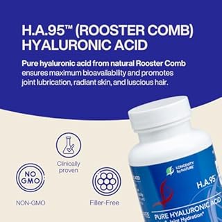 Longevity by Nature H.A.95 Hyaluronic Acid Supplements, Antioxidant, Skin Hydration, Eye, Joint, Natural Rooster Comb, 60 Capsules