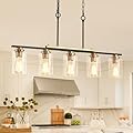 Dining Room Light Fixture/Chandelier Over Table, 5-Light Kitchen Island Lighting Hanging for Farmhouse Linear Chandeliers Black and Gold Ceiling Pendant Light Fixtures with Clear Glass Shade