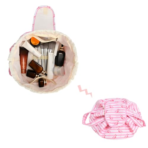 Large Barrel Drawstring Makeup Bag Travel Cosmetic Bag for Women - Portable Make Up Organizer Bag for Skin Care & Toiletries with Brush Holder & Pouch (Pink)3