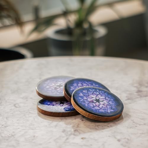 Image of Blue Nebula Acacia Wood Coaster Set (Set of 4) - Premium Handcrafted Wooden Drink Coasters with Stunning Enamel Artwork, Stylish & Durable Tabletop Protection for Home & Office