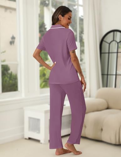 Image of HNG Women Pajamas Set 2 Piece Button Up Pajamas Pant and Short Sleeve Shirt for Woman Pj Sets with Pocket