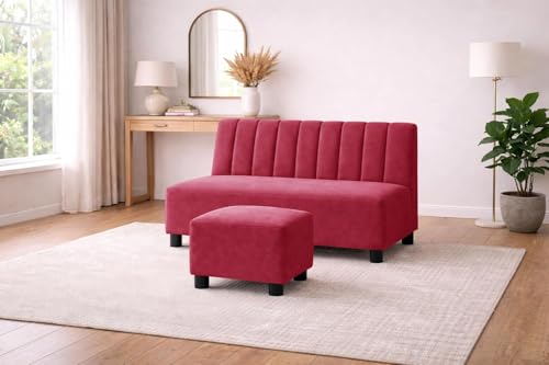 Image of Rosebell Sofa Set with Ottoman Combo 2 Seater Sofa Set with Matching Footrest for Living Room & Bedroom - Red Color