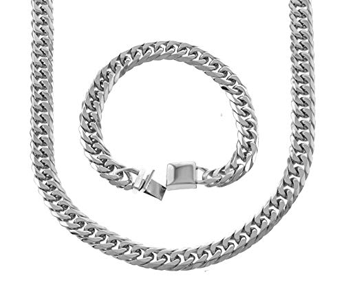 Bling Bling NY Solid Silver Finsh Stainless Steel 12mm Thick Miami Cuban Link Chain Necklace & Bracelet Set 24''