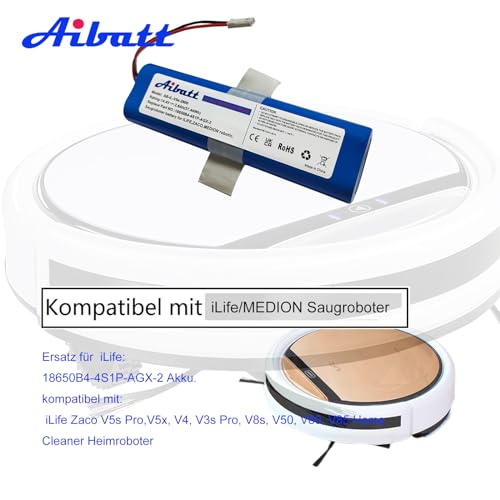 Aibatt Li-ion akku,Ersatzakku für iLife Zaco V5s Pro,V5x,V4,V3s Pro,V8s,V50,V80,V85 Home Cleaner Heimroboter, Ersatz für iLife 18650B4-4S1P-AGX-2 Akku.(14.4V / 2600mAh)