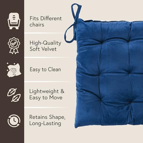 Image of Kuber Industries 2 Pcs Heavy Velvet 16 Inch Chair Pad Cushion with Drawstrings for Dining, Office & Home | Soft Seat Pad | Support for Long Sitting | Navy Blue
