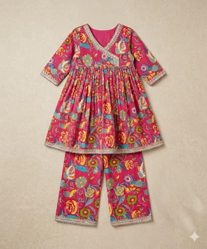 Image of A.T.U.N. (ALL THINGS UBER NICE) Girls Premium Cotton Kurti Sharara Combo Set | Vibrant Ethnic Traditional Print | Comfortable Festive Cultural Outfit for Kids