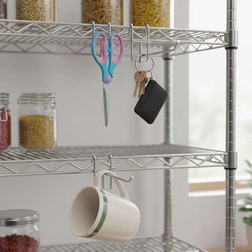 Telooco 4 Pack Hooks for Wire Shelving Heavy Duty Metal Wire Shelving Accessories Wire Rack Hooks with Rubber Covers for Kitchen Utensils Room Organization (Silver)