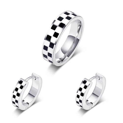 Checkered Jewelry Set for Women - 18K Gold Plated Stainless Steel Checkerboard Ring & Black and White Checkered Hypoallergenic Chunky Huggie Hoop Earring Gift-Ready Packaging for Her (Silver 7)