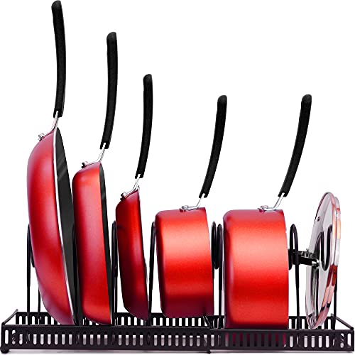 Expandable 7+ Pan Organizer and Pot Rack, Rustproof Kitchen Cabinet Storage Organizer For Heavy Pots Pans and Cookware, Counter Organization and Lid Holder, Easy To Pull and Expand Up To 22.9 Inches