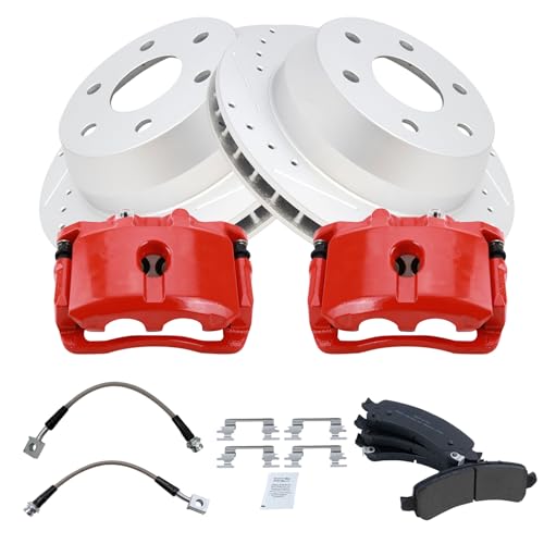 Image of TRQ Performance Rear Brake Pad and Rotor Set Semi Metallic Coated Rotors Calipers Compatible with 02-06 Cadillac Escalade Chevrolet Avalanche 1500 Suburban 1500 Tahoe GMC Yukon 03-06 Yukon XL 1500