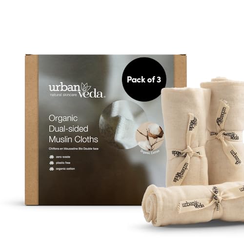 Urban Veda Organic Muslin Cloths | Pack of 3 | Certified 100% Organic Cotton | Dual sided | Adult and Baby Face Cloth | Simple Face Towel | Eco Friendly | Soft Flannels Face Cloth