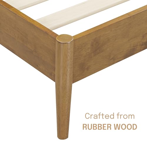 Image of NTC Lupin Wooden Bed Frame with Headboard, Solid Oak and Rubber Wood Foundation with Silent Slats and Wood Central Supports, 1000 Lb Capacity, King - Teak Look