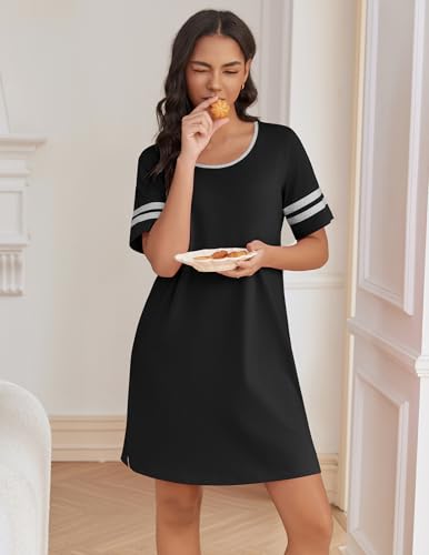 Ekouaer Womens Nightgowns Short Sleeve Cotton Sleepwear Crew Neck Loungewear Color Block Nightshirt Summer Dresses3