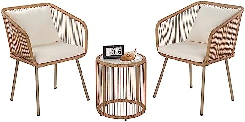 PayLessHere | 3-Piece Outdoor Patio Furniture Set | White | Modern Rattan Bistro Set with Cushioned Chairs & Tempered Glass Coffee Table | Indoor & Outdoor Seating | for Balcony, Garden, Poolside