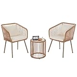 PayLessHere | 3-Piece Outdoor Patio Furniture Set | White | Modern Rattan Bistro Set with Cushioned Chairs & Tempered Glass Coffee Table | Indoor & Outdoor Seating | for Balcony, Garden, Poolside