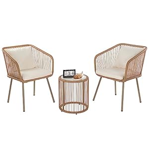 3-Piece Outdoor PE Rattan Bistro Furniture Set Patio Rattan Conversation Set Patio Furniture Set Glass Coffee Table Top and 2 Chairs with Cushions Lumbar Pillows for Yard Garden Porch Bistro, White